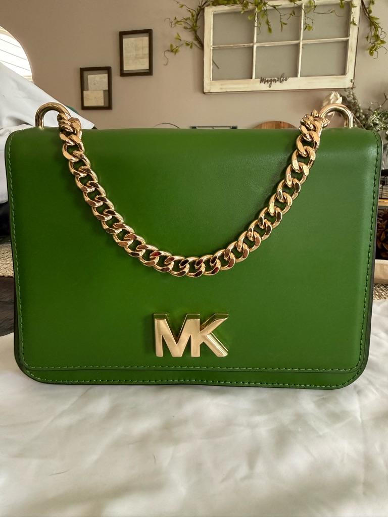 Michael Kors Green Leather Top Handle/ Crossbody Bag With Gold Chain Strap